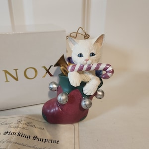 Lenox Christmas Stocking Surprise Ornament - White Cat In Stocking