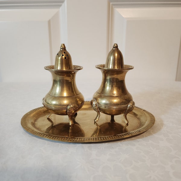 Ornate Brass 3 Footed Salt and Pepper Shakers with Tray - India