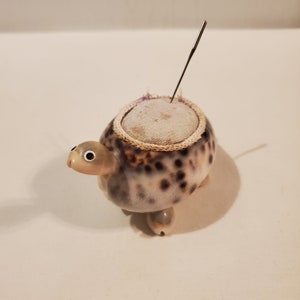 May include: A small, decorative turtle pincushion made from a seashell. The pincushion has a round, white cushion with a brown trim and a single needle sticking out of the top. The turtle has black eyes and a brown and white shell.