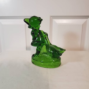 L E Smith Colonial Green Glass Figure of Hummel style Goose Girl - 7 1/2&quot; Tall