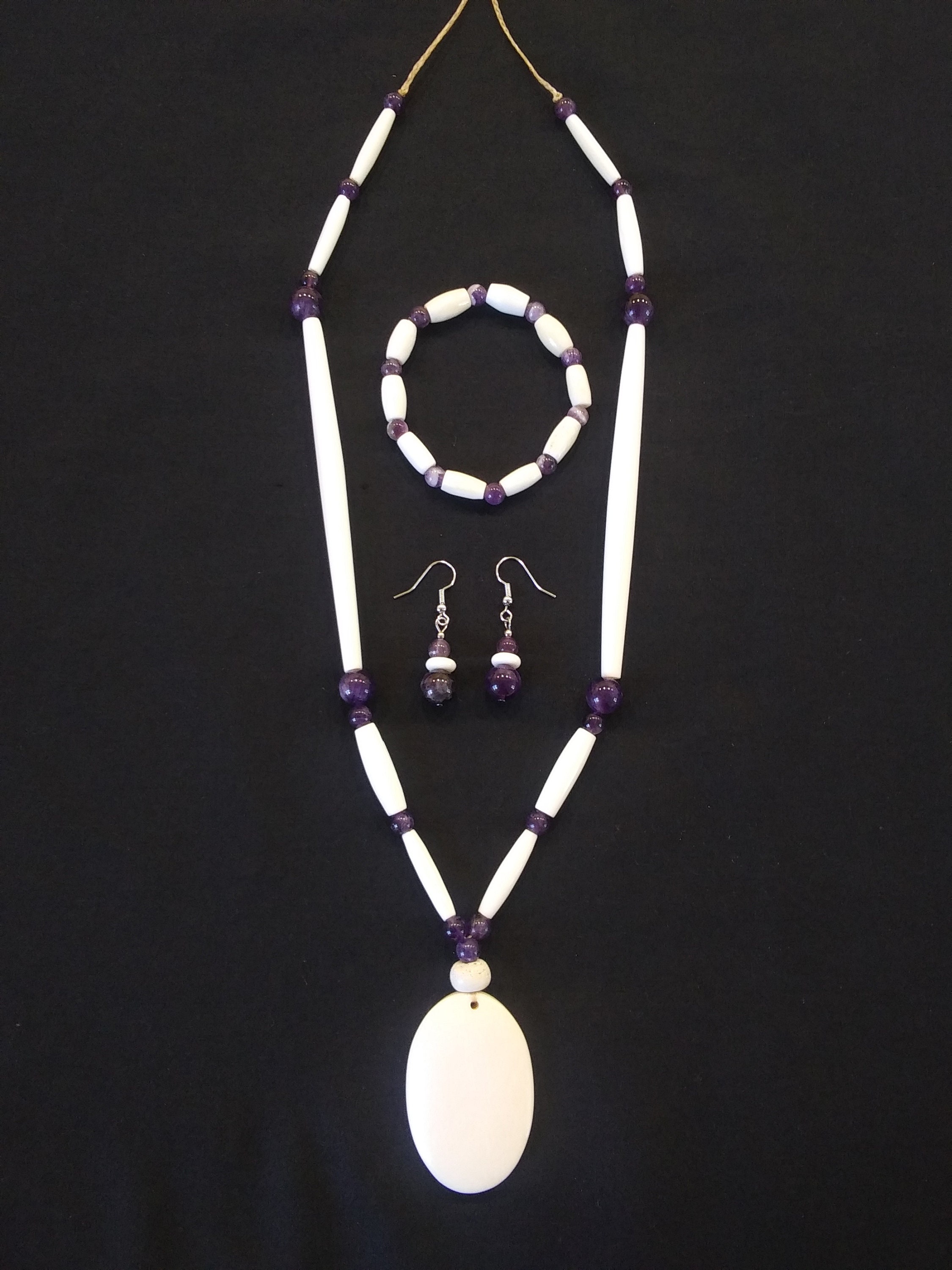 Bone bead 3 piece jewelry set with amethyst | Etsy