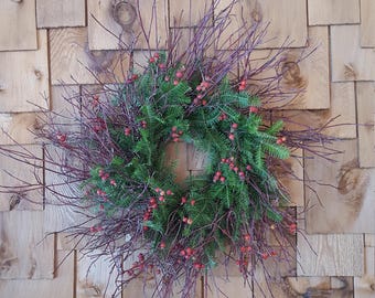 Fresh Red Willow with Balsam Fir and Rose Hips Rustic Christmas Wreath