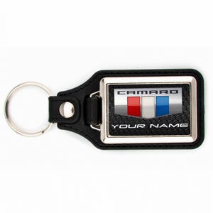 Personalized Camaro Keychain: Chrome Finish, Black Leatherette