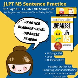 Könnte beinhalten: Eine bunte Illustration eines japanischen Mädchens mit einer Blume im Haar. Der Text lautet "JLPT N5 Sentence Practice" und "187 Page PDF + ePub + 100 Sound Files". Der Text sagt auch "Für Anfänger des Japanischen & diejenigen, die den Test ablegen".