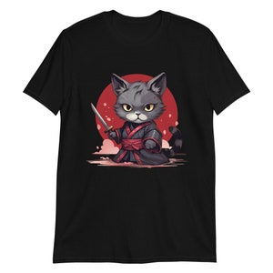 Katana Pose: Camiseta de gato guerrero de dibujos animados