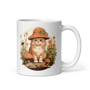 Whimsical Cat with Flowers Hat Mushrooms White Mug