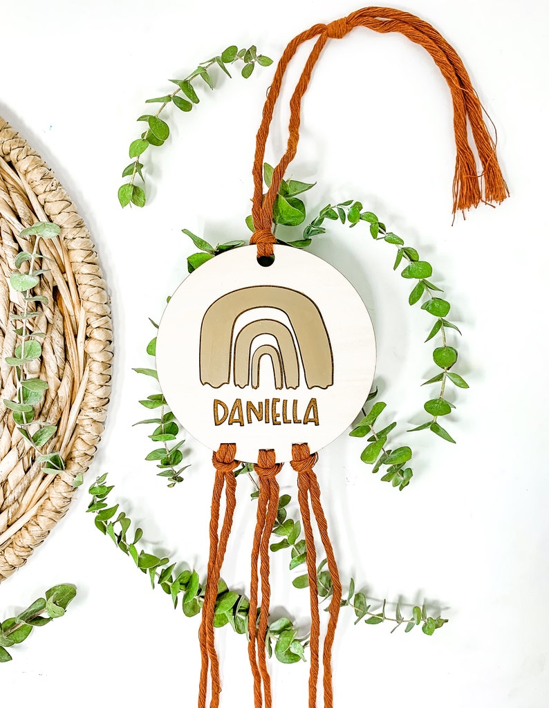 Wooden Rainbow Wall Hanging Macrame Boho Style Tag Sign Door Tag Baby Announcement sign Kidsroom Decor