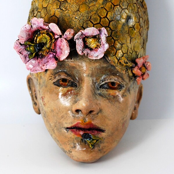 Bee queen terracotta kiln fired wall sculpture hand painted original wall hanging head