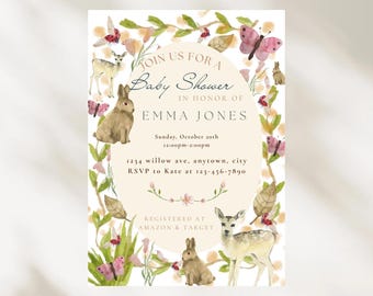 Inbjudan till babyshower i skogsmark, blommiga skogsdjur, rådjur och kaniner (PDF)