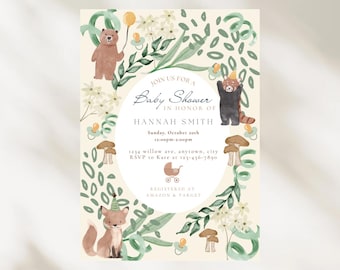 Inbjudan till babyshower med skogsdjur, bohemisk grönska (digital nedladdning)