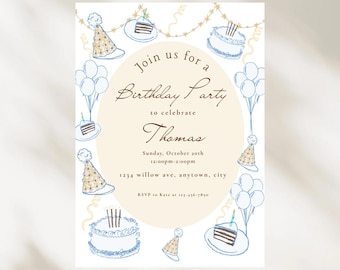 Redigerbar födelsedagsinbjudan för barn • Blått och guldigt festtema (digital nedladdning)