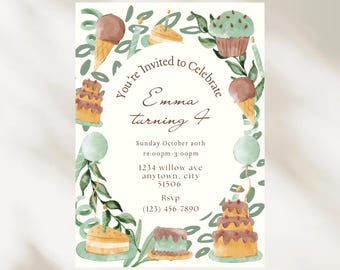 Redigerbar födelsedagsinbjudan med sötsaker och glass, utskrivbar för barnfödelsedag