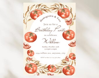 Mall för födelsedagsinbjudan till tomat, ladda ner PDF, hemodlat tema, redigerbar Canvas trädgårdsfestinbjudan, gårdsfräscht barn- och vuxenkort 5x7