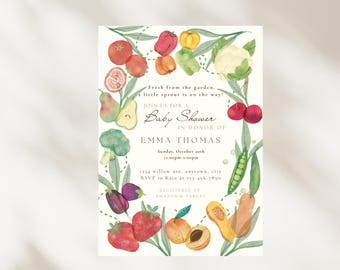 Inbjudan till babyshower i trädgården, akvarellgrönsaker (utskrivbar redigerbar mall)