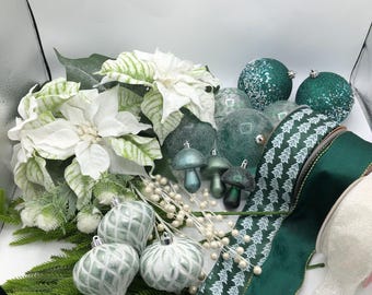 Large green ball, Green Ribbon,Real Touch Norfolk Pine Spray,White berry spray,Mushroom ornaments,white Poinsettia flower,