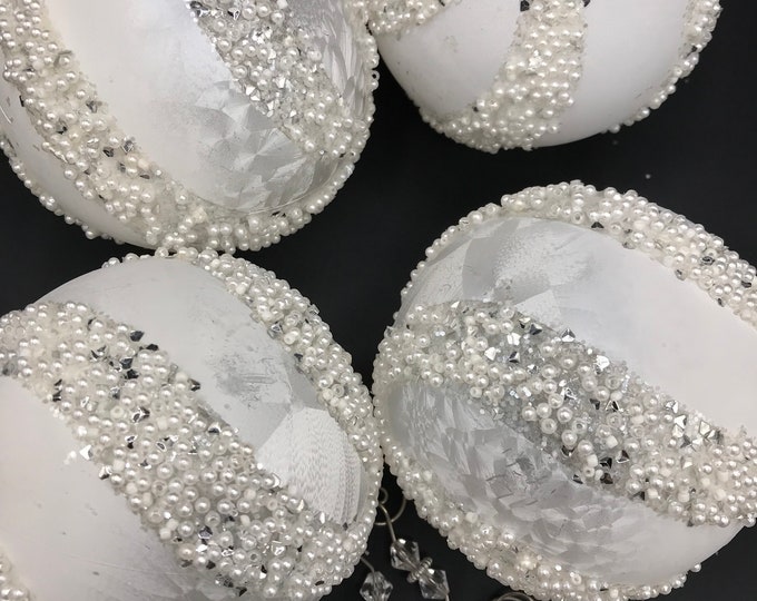 White Christmas Tree Ornaments Beaded Ornaments Ball Etsy