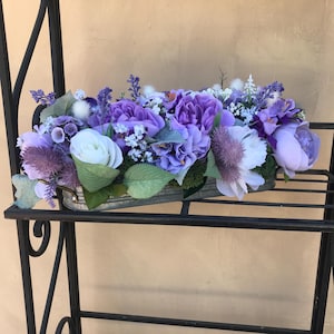 Silk Purple Flower Table Centerpiece Long Arrangement Farmhouse Floral Arrangement Galvanized Planter Tray with Flowers and Greenery