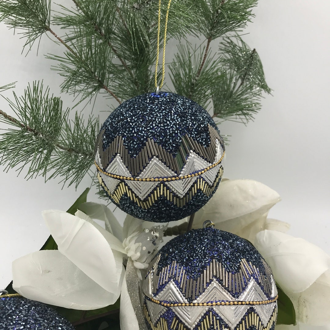 Large Beaded Blue Christmas Tree Ornaments Holiday Ornaments Silver and