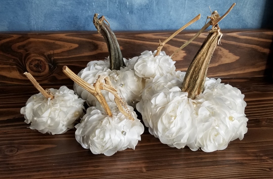Embellished White Fall Decor Velvet White Pumpkins White Wedding ...