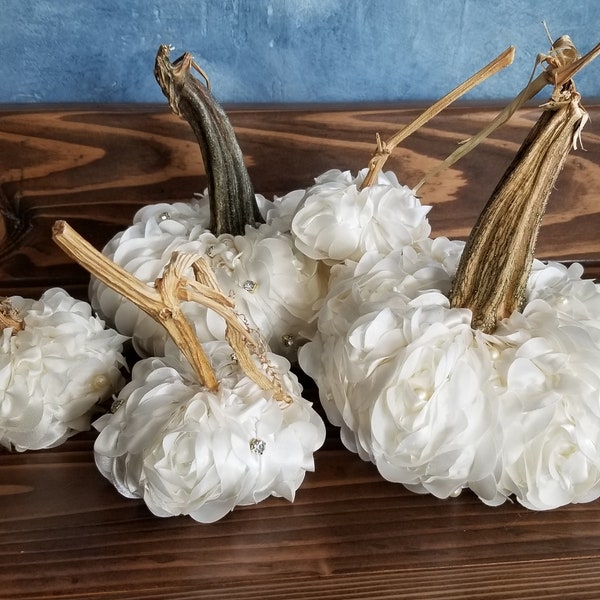 Embellished White Fall Decor Velvet White Pumpkins White Wedding Pumpkins Bridal Shower Gift Glam Fall Decoration Real Stems Pumpkins