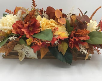 Fall Decoration Floral Arrangement Wood Planter Box Velvet Pumpkin Brown Magnolia Centerpiece