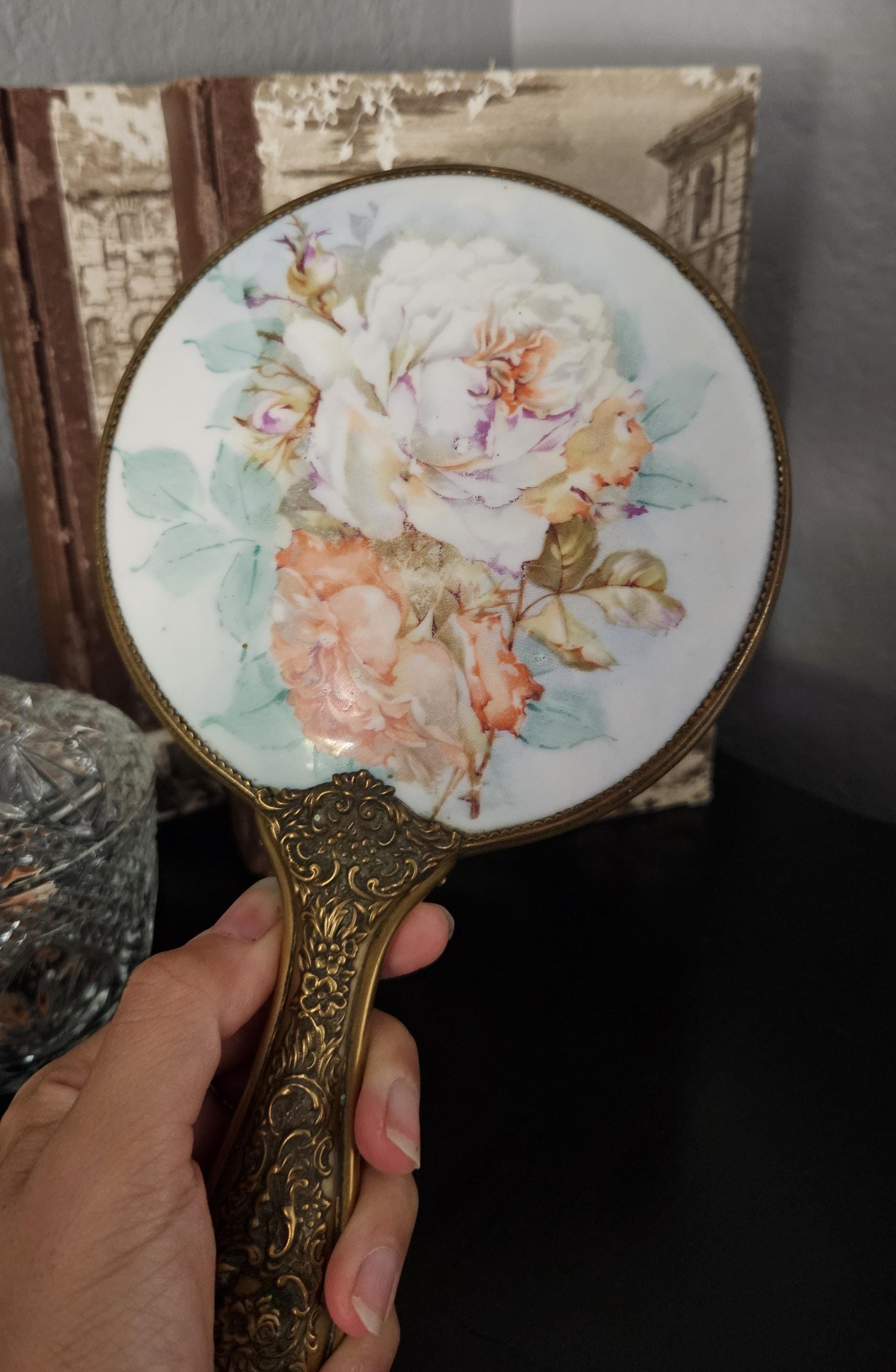 Vintage Hand Mirror Porcelain Roses - Etsy