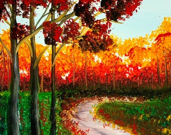 Autumn Painting Art Acrylic Original // "Autumn Road" 11x14 on Canvas