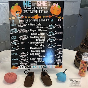 Editable Little Pumpkin Gender Reveal Party Old Wives Tales Sign Baby Staches or Lashes Chalkboard Old Wife Digital Printable INSTANT ACCESS