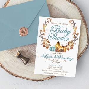 Bearbeitbare Herbst-Kürbis-Babyparty-Einladung, rustikale Kürbis-Einladung, Baby-Jungen-Herbst-Ernte-Thema, digital druckbare Vorlage SOFORTIGER ZUGRIFF