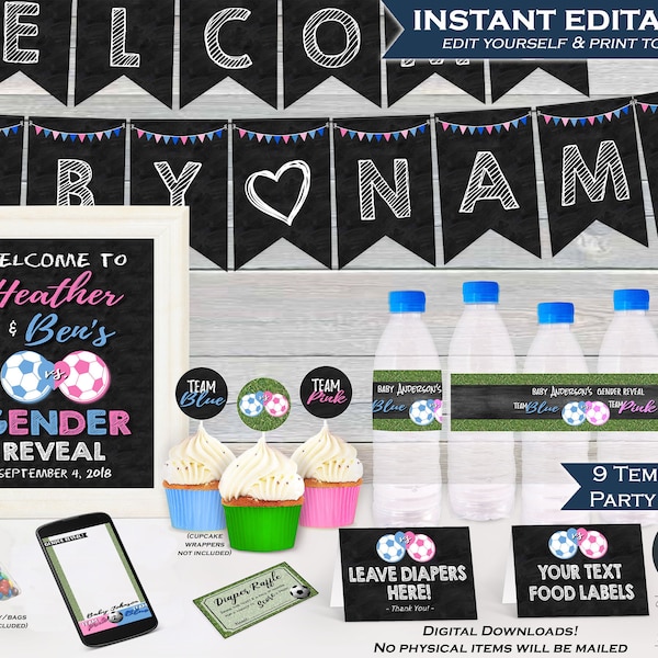 Soccer Gender Reveal KIT, Editable Soccer Decoration Party Pack Bundle, Baby Shower Invite Suite, Team He or She, Printable INSTANT ACCESS