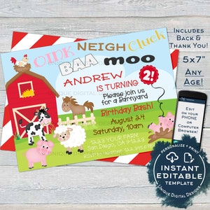 May include: A colorful barnyard-themed birthday invitation. The design features a red barn, farm animals, and the text "Andrew is turning 2!" The invitation is 5x7 inches and includes a back and thank you card.