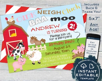 May include: A vibrant birthday invitation with a farmyard theme. It showcases a red barn, farm animals, and the text "Andrew is turning 2!" The invitation measures 12.7 x 17.8 cm and includes a back and thank you card.