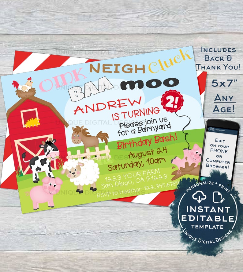 May include: A colorful barnyard-themed birthday invitation. The design features a red barn, farm animals, and the text "Andrew is turning 2!" The invitation is 5x7 inches and includes a back and thank you card.
