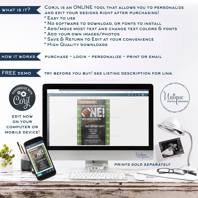 May include: A computer monitor and smartphone display a football-themed birthday party invitation. The invitation features a football graphic and the text "ONE!" The image also includes text about the online design tool, Corjl, and its features.