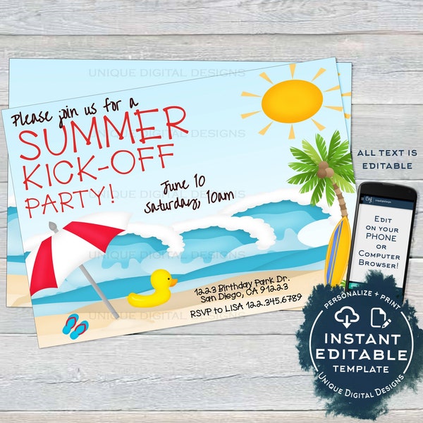 Summer KickOff Party Invitation, Editable Summer Beach Picnic Invite, Surfs Up Surfboard Sun Kick Off Printable Custom INSTANT ACCESS