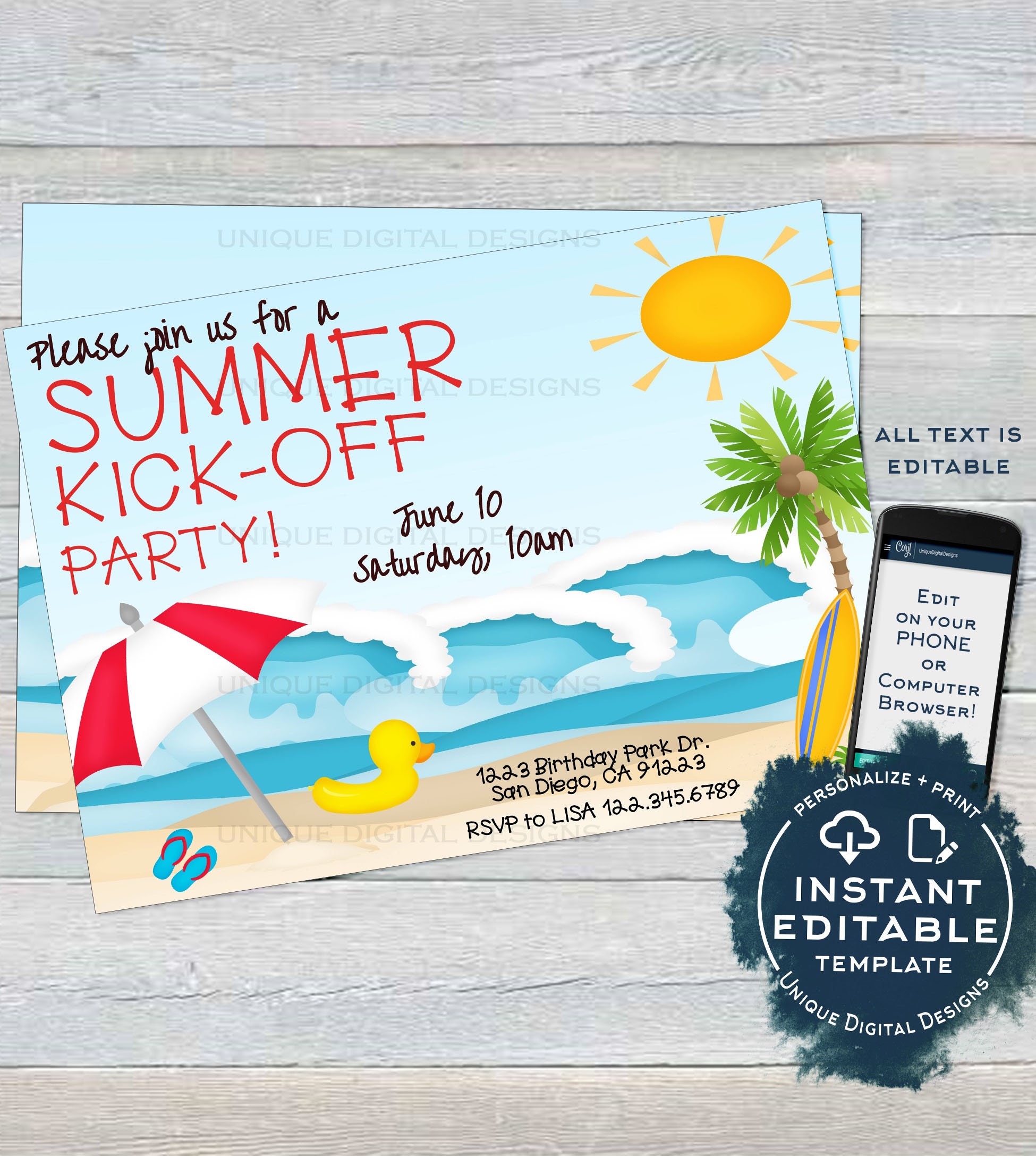 Summer Kickoff Party Invitation, Editable Summer Beach Picnic Invite, Surfs  up Surfboard Sun Kick off Printable Custom INSTANT ACCESS - Etsy, image size:1950x2175