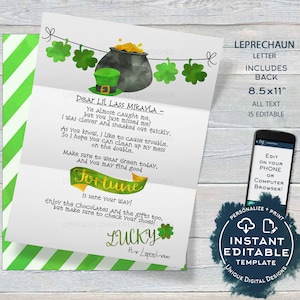Carta de duende, nota editable del día de San Patricio, mensaje de trampa de duende irlandés afortunado, acceso instantáneo personalizado imprimible personalizado