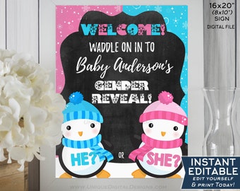 Penguin Gender Reveal Welcome Sign, He or She Waddle Baby Be, Editable Gender Reveal Chalkboard, Digital Printable INSTANT ACCESS 16x20