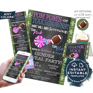 Football Gender Reveal Invitation Kit, Editable Pom Poms or Touchdowns Ticket Invite, He or She Printables, Team Blue Team Pink Baby INSTANT image 1