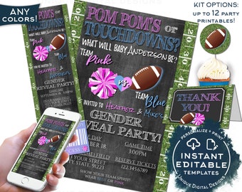 Football Gender Reveal Invitation Kit, Editable Pom Poms or Touchdowns Ticket Invite, He or She Printables, Team Blue Team Pink Baby INSTANT