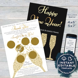 Cartes Rodan et Happy New Year imprimables à gratter, carte de remerciement modifiable Merci R F, cadeaux champagne personnalisés ACCÈS INSTANTANÉ