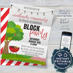 Modèle modifiable d'invitation à une fête de quartier, fête de rue de quartier, arrière-cour d'été barbecue grill sur mesure, bricolage imprimable, accès instantané