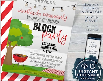 Pode incluir: Modelo editável para um convite de festa de bairro. O convite apresenta um fundo listrado vermelho e branco, uma árvore verde com uma maçã vermelha, uma grelha vermelha e o texto "Woodlands Community Block Party" em vermelho e preto. O texto também inclui a data, a hora e o local da festa. O convite está disponível nos tamanhos 5x7 polegadas e 8,5x11 polegadas.
