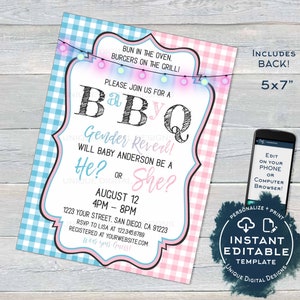 Editable BabyQ Gender Reveal Invitation, He or She BBQ, Pink or Blue Baby Shower Party, Gingham Printable Chalkboard Custom INSTANT ACCESS