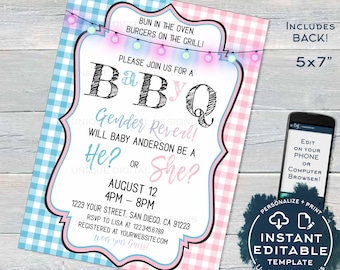 Editable BabyQ Gender Reveal Invitation, He or She BBQ, Pink or Blue Baby Shower Party, Gingham Printable Chalkboard Custom INSTANT ACCESS