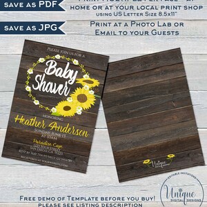 May include: A rustic wood background with a sunflower wreath and the text "Baby Shower" in a white font. The invitation is for Heather Anderson's baby shower on Sunday, June 13th at 10:00 AM at Paradise Cafe. The address and RSVP information are included.
