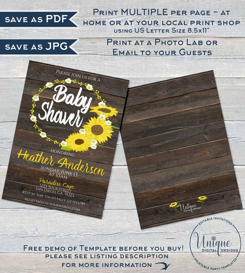 May include: A rustic wood background with a sunflower wreath and the text "Baby Shower" in a white font. The invitation is for Heather Anderson's baby shower on Sunday, June 13th at 10:00 AM at Paradise Cafe. The address and RSVP information are included.
