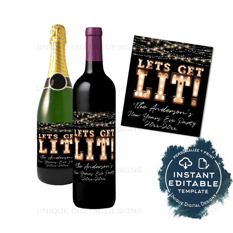 Editable Let's Get Lit New Years Eve Party Invitation, Lets Get Drunk Holiday Party Celebrate Marquee Lights, Printable Adult INSTANT ACCESS WINE LABEL