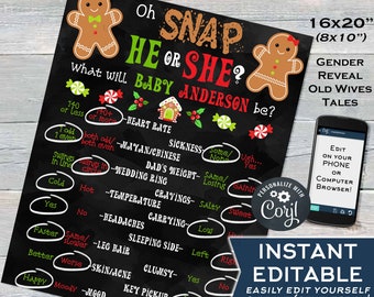 Christmas Gender Reveal Sign, Editable Gingerbread Theme Board, Oh Snap He or She What will Baby be?, Old Wives Tales Sign, INSTANT ACCESS