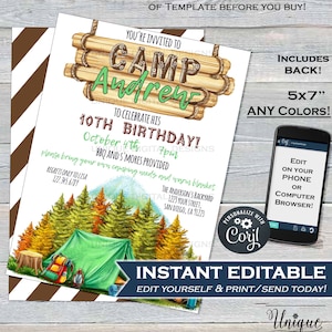 Puede incluir: Una invitación imprimible de 12,7 x 17,8 cm para una fiesta de cumpleaños de 10 años con temática de campamento. La invitación presenta una ilustración de acuarela de una tienda de campaña, árboles y equipo de campamento. El texto de la invitación dice "Camp Andrew" y "Para Celebrar Su 10º Cumpleaños! 4 de Octubre 7pm".